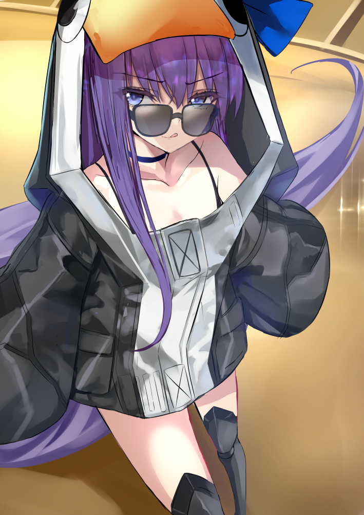 1girl bangs bare_shoulders black_jacket blue_bow blue_eyes blush bow breasts choker closed_mouth collarbone fate/grand_order fate_(series) greaves hair_between_eyes jacket kesoshirou licking_lips long_hair long_sleeves looking_at_viewer meltryllis penguin_hood purple_hair sleeves_past_fingers sleeves_past_wrists small_breasts smile solo sunglasses thighs tongue tongue_out very_long_hair