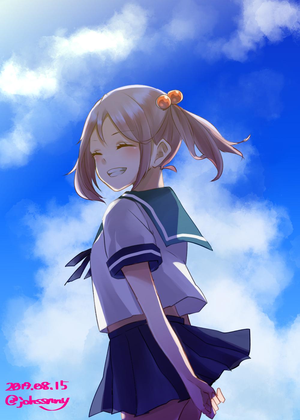 1girl arms_behind_back blue_sailor_collar blue_skirt blue_sky closed_eyes clouds cowboy_shot dated grin hair_bobbles hair_ornament highres johssnny kantai_collection pink_hair pleated_skirt sailor_collar sazanami_(kantai_collection) school_uniform serafuku short_hair skirt sky smile solo twintails twitter_username