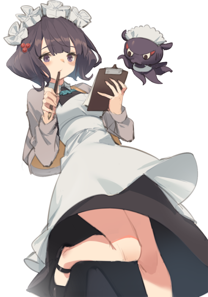 1girl apron bangs bare_legs black_dress black_footwear blunt_bangs blush clipboard commentary_request cropped_jacket dress eyebrows_visible_through_hair fate/grand_order fate_(series) floating flower from_below grey_jacket hair_flower hair_ornament holding holding_pen jacket katsushika_hokusai_(fate/grand_order) long_sleeves maid_headdress no_socks octopus open_clothes open_jacket pen shoes simple_background standing standing_on_one_leg tokitarou_(fate/grand_order) waitress white_apron white_background white_flower yura_(botyurara)