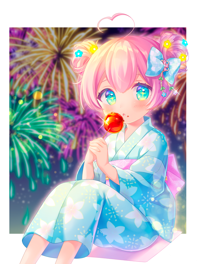 +_+ 1girl :o aerial_fireworks ahoge bangs blue_bow blue_eyes blue_flower blue_kimono blurry blurry_background blush bow candy_apple commentary_request depth_of_field double_bun eyebrows_behind_hair feet_out_of_frame fireworks floral_print flower food food_on_face green_eyes hair_between_eyes hair_bow hair_flower hair_ornament hands_together heart_ahoge holding holding_food japanese_clothes kimono komachi_pochi long_sleeves looking_at_viewer multicolored multicolored_eyes obi original own_hands_together parted_lips pink_hair plaid plaid_bow print_kimono sash sidelocks solo wide_sleeves yellow_flower