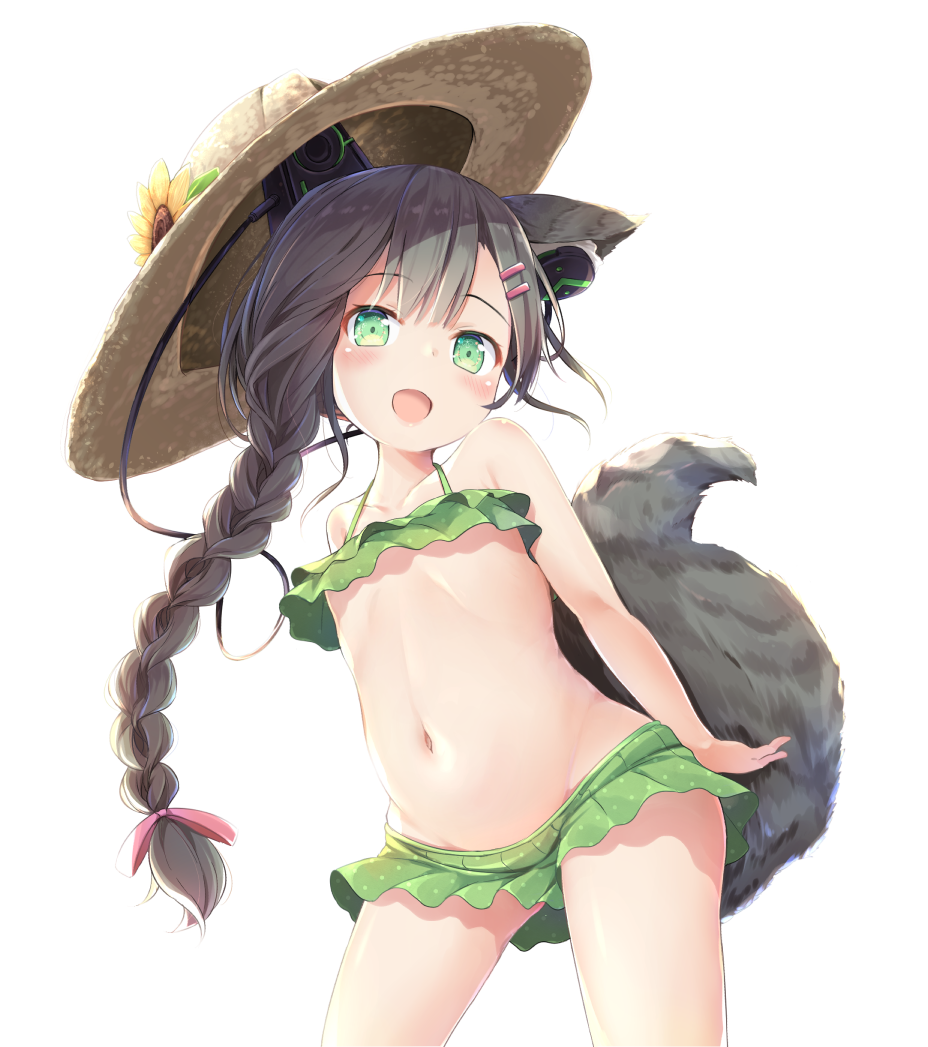 1girl animal_ear_fluff animal_ears arms_behind_back bikini bikini_skirt black_hair braid chigusa_hana chigusa_hana_channel commentary_request dog_ears dog_tail earphones flat_chest green_bikini green_eyes groin hat long_hair lowleg lowleg_bikini navel open_mouth pirason ponytail simple_background smile solo sun_hat swimsuit tail virtual_youtuber white_background