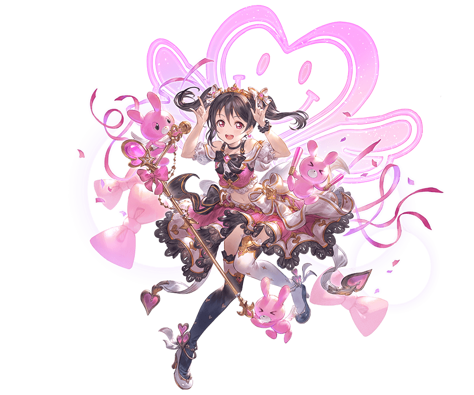 1girl black_hair dress granblue_fantasy hair_ribbon high_heels light_stick love_live! love_live!_school_idol_project nico_nico_nii official_art rabbit ribbon staff thigh-highs tiara twintails yazawa_nico