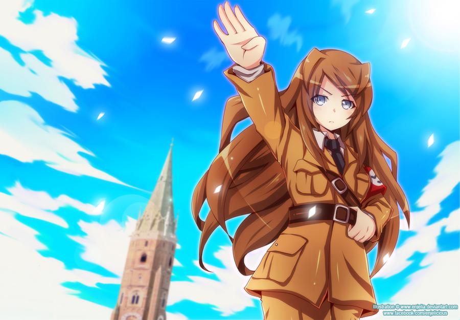 1girl adolf_hitler armband black_neckwear blue_eyes brown_hair brown_shirt cathedral clouds cloudy_sky enjelia genderswap genderswap_(mtf) holding_belt long_hair nazi necktie salute shirt sky spire straight-arm_salute swastika tower window