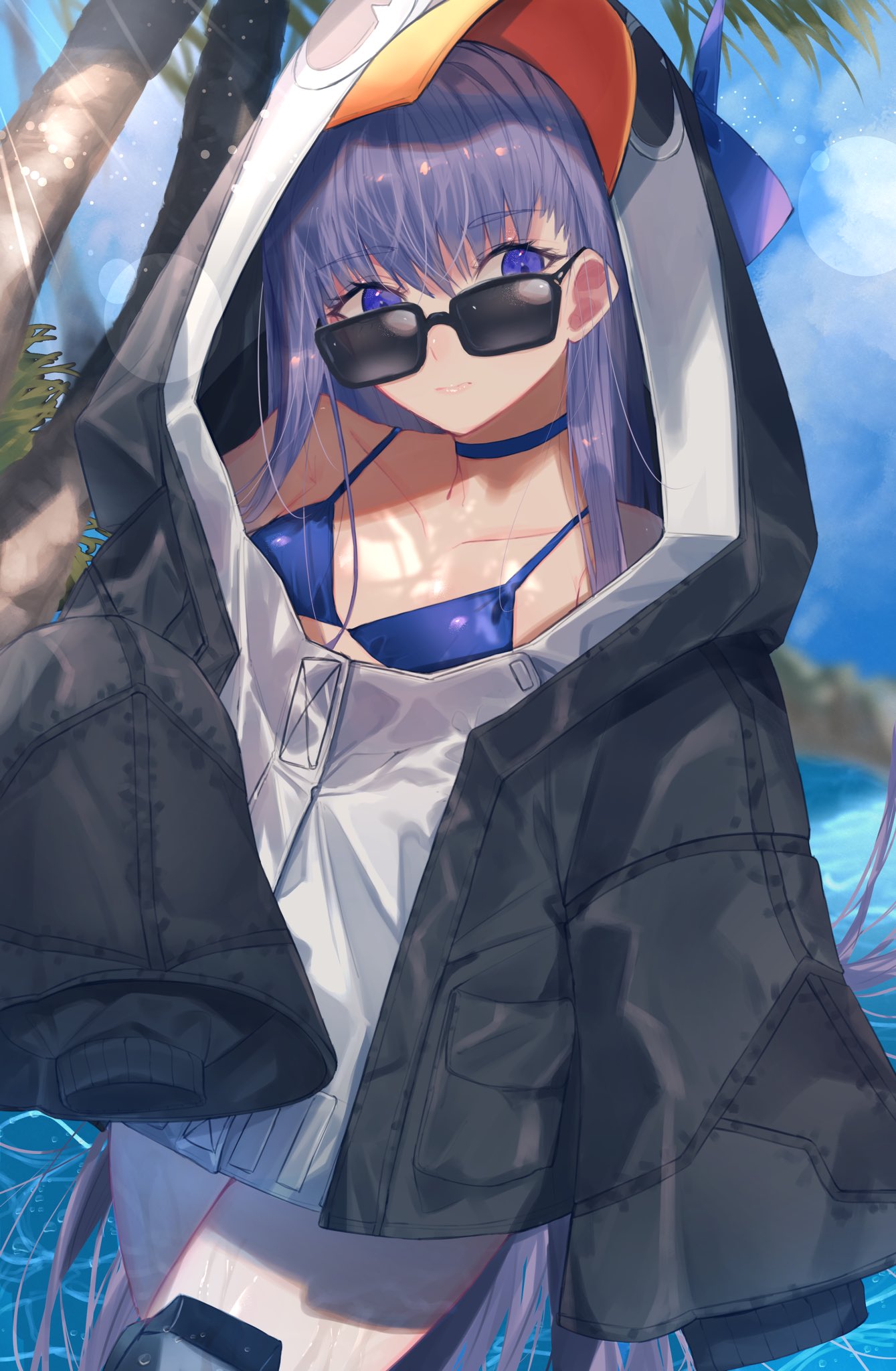 1girl animal_costume bare_shoulders bikini bikini_top blue_eyes choker collarbone dasui191023 fate/grand_order fate_(series) flat_chest hair_ribbon highres hood hood_up hoodie meltryllis oversized_clothes palm_tree penguin_costume purple_hair ribbon sleeves_past_wrists solo sunglasses swimsuit tree water