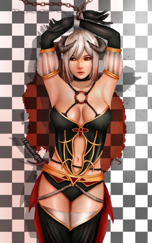 1girl armpits arms_up black_gloves breasts chain checkered checkered_background demon_girl elbow_gloves gloves horns medium_breasts midriff navel original pop721119 red_eyes short_hair silver_hair solo