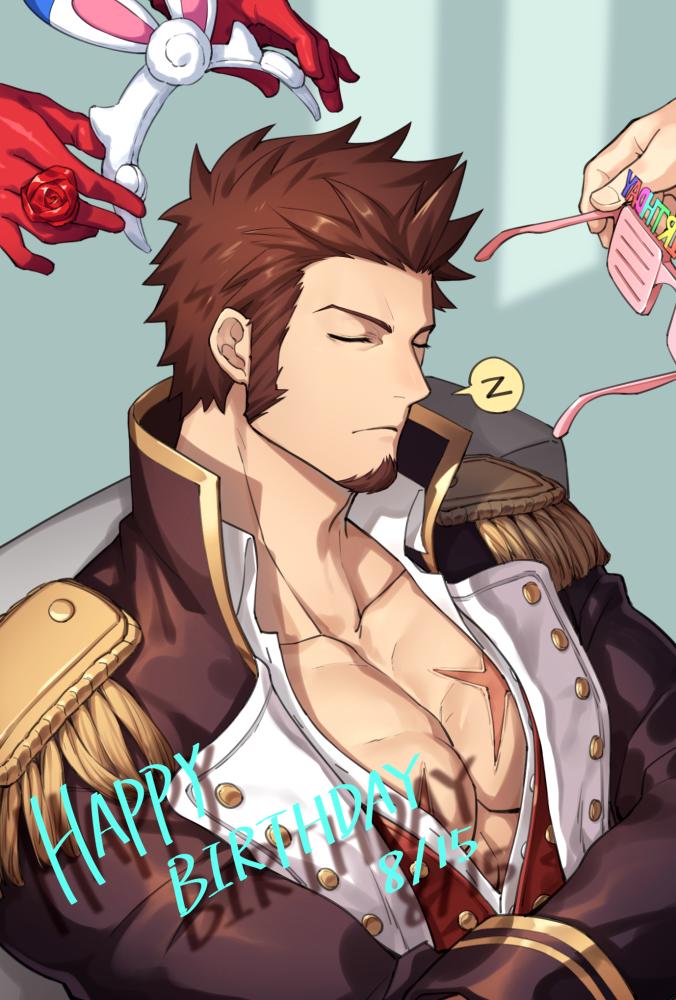 1boy 47_(479992103) abs bara beard brown_hair chest crossed_arms epaulettes facial_hair fate/grand_order fate_(series) glasses happy_birthday long_sleeves male_focus marie_antoinette_(fate/grand_order) military military_uniform muscle napoleon_bonaparte_(fate/grand_order) pectorals scar sleeping solo tiara uniform upper_body