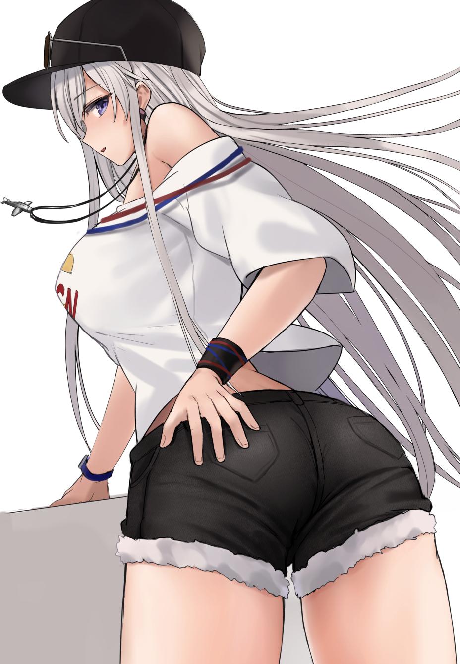 1girl alternate_costume ass azur_lane bare_shoulders baseball_cap black_headwear black_shorts breasts commentary_request cowboy_shot earrings enterprise_(azur_lane) eyewear_on_headwear floating_hair from_behind fur_trim hat highres jewelry kinokorec large_breasts long_hair looking_at_viewer looking_back necklace off-shoulder_shirt off_shoulder parted_lips shirt short_shorts short_sleeves shorts sidelocks silver_hair simple_background solo sunglasses sweatband very_long_hair violet_eyes watch watch white_background white_shirt