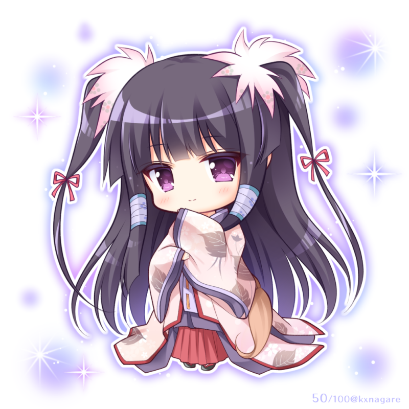 1girl bangs black_footwear black_hair blush brown_kimono chibi closed_mouth commentary_request copyright_request eyebrows_visible_through_hair full_body hair_ribbon hakama japanese_clothes kimono long_hair long_sleeves red_hakama red_ribbon ribbon ribbon-trimmed_sleeves ribbon_trim ryuuka_sane sidelocks sleeves_past_wrists smile solo sparkle standing twitter_username two_side_up very_long_hair violet_eyes white_background wide_sleeves zouri