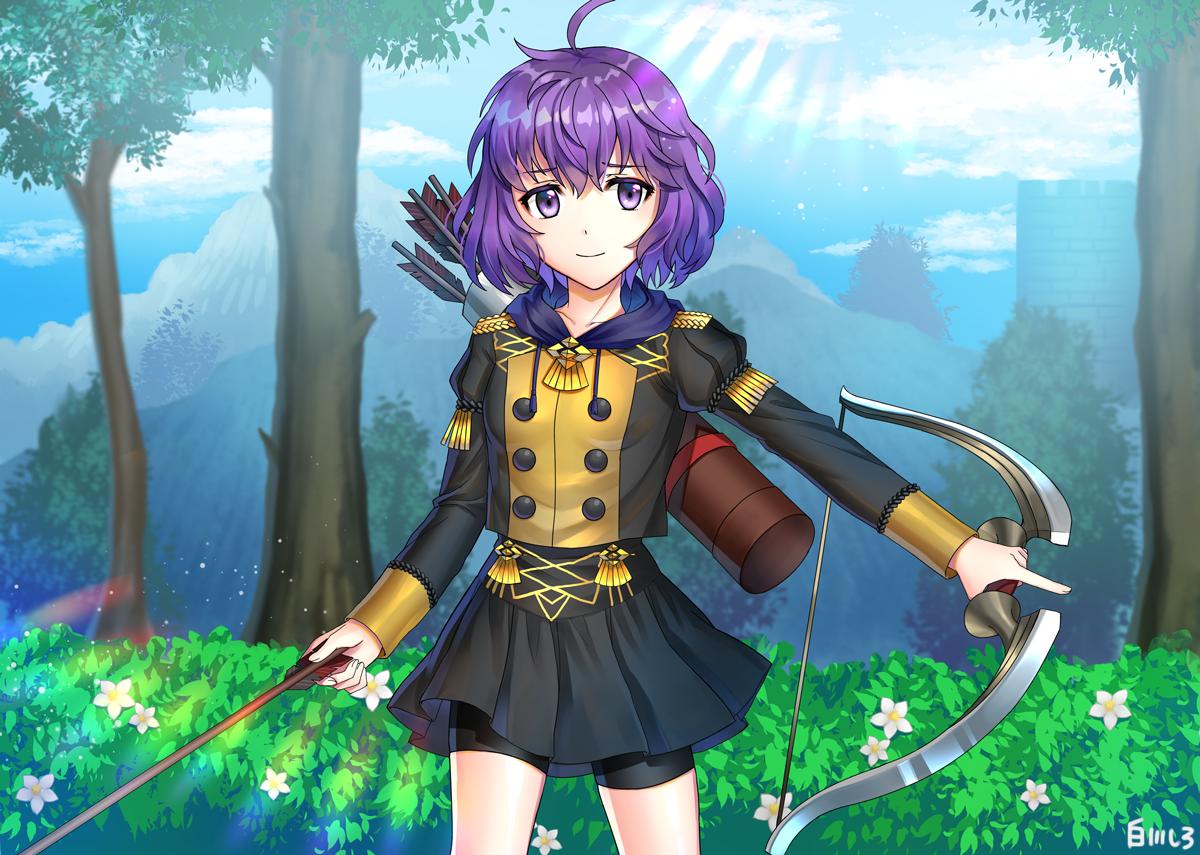 1girl ahoge bernadetta_von_varley blush cravat fire_emblem fire_emblem:_three_houses gloves grey_eyes hood long_sleeves looking_at_viewer open_mouth purple_hair shadow shirakawaillust short_hair simple_background smile solo uniform upper_body wavy_mouth