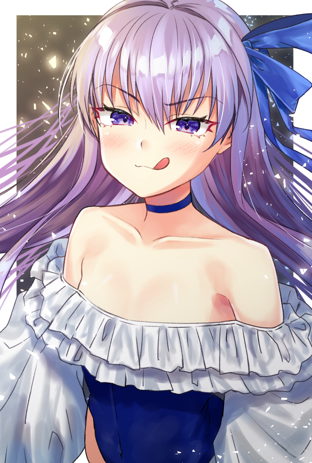 1girl :q bangs bare_shoulders blue_bow blue_choker blue_swimsuit blush bow choker closed_mouth collarbone commentary_request covered_navel eyebrows_visible_through_hair fate/grand_order fate_(series) frilled_swimsuit frills hair_between_eyes hair_bow highres honami_(yths4221) long_hair meltryllis_(swimsuit_lancer)_(fate) purple_hair smile solo strapless strapless_swimsuit swimsuit tongue tongue_out upper_body v-shaped_eyebrows very_long_hair violet_eyes