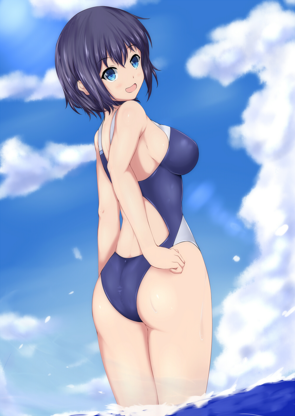 1girl ass blue_sky blurry breasts clouds commentary_request competition_swimsuit cowboy_shot day depth_of_field from_behind highres kokushoku_kenban looking_at_viewer looking_back medium_breasts ocean one-piece_swimsuit open_mouth original outdoors sky smile soaking_feet solo standing swimsuit