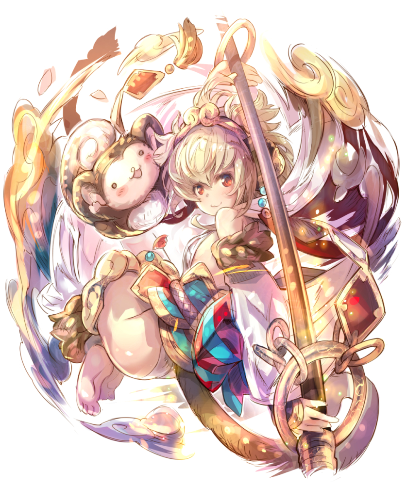 andira_(granblue_fantasy) animal_ears ass blonde_hair breasts cleavage_cutout detached_leggings detached_sleeves erune flying_nimbus fur_trim granblue_fantasy hagoromo haku_(sabosoda) leotard monkey monkey_ears monkey_girl monkey_tail shawl small_breasts staff tail twintails two_side_up white_leotard