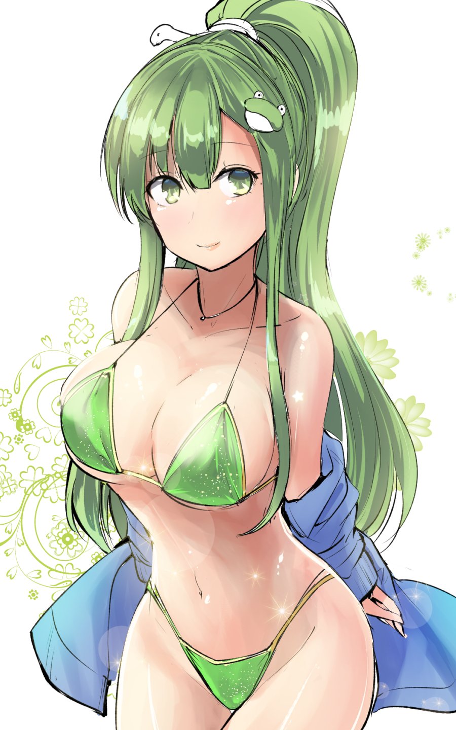 1girl alternate_hairstyle bangs bare_shoulders bikini blue_jacket blush breasts collarbone commentary_request cowboy_shot eyebrows_visible_through_hair frog_hair_ornament green_bikini green_eyes green_hair groin hair_between_eyes hair_ornament halterneck highres jacket kochiya_sanae large_breasts lens_flare long_hair long_sleeves looking_at_viewer navel off_shoulder ponytail sidelocks simple_background smile snake_hair_ornament solo sparkle standing stomach swimsuit thighs touhou very_long_hair white_background y2