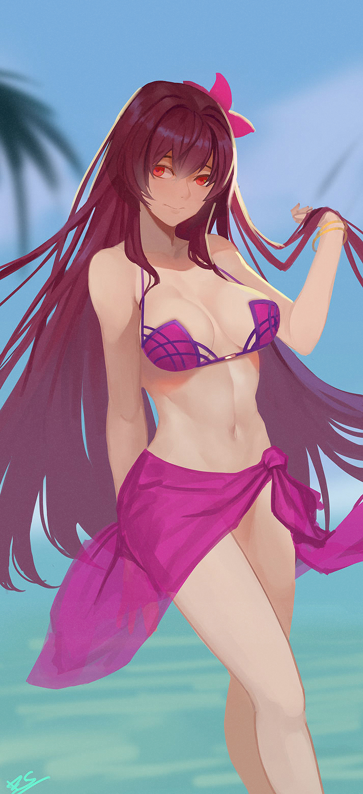 1girl bangs bare_shoulders beach bikini breasts closed_mouth collarbone d.sum fate/grand_order fate_(series) flower hair_between_eyes hair_flower hair_intakes hair_ornament hibiscus highres large_breasts long_hair looking_at_viewer navel purple_bikini purple_hair red_eyes sarong scathach_(fate)_(all) scathach_(swimsuit_assassin)_(fate) smile solo swimsuit thighs