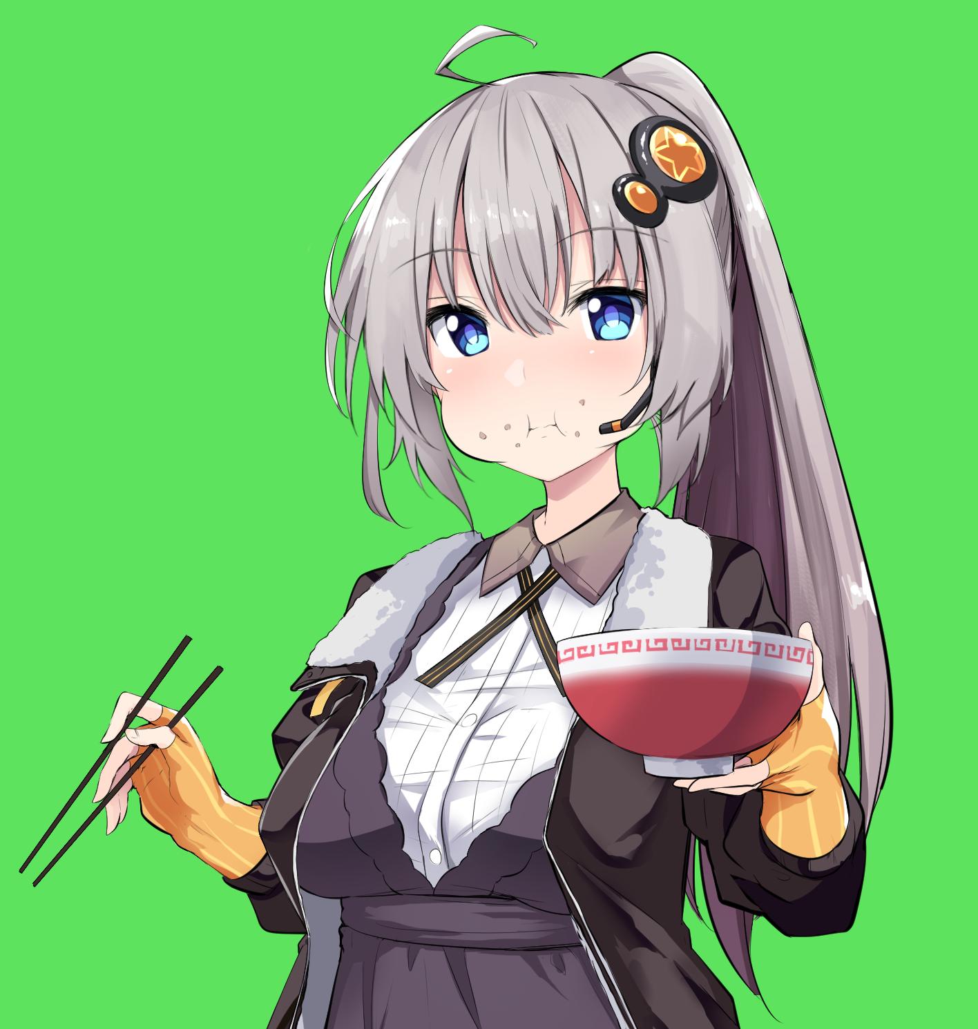 1girl :i ahoge alternate_hairstyle bangs black_dress black_jacket blue_eyes blush bowl breasts chipa_(arutana) chopsticks dress eating eyebrows_visible_through_hair fingerless_gloves gloves hair_ornament hairpin headset highres holding holding_bowl holding_chopsticks jacket kizuna_akari large_breasts long_hair long_sleeves looking_at_viewer open_clothes open_jacket orange_gloves ponytail rice_bowl silver_hair solo star striped striped_gloves upper_body voiceroid