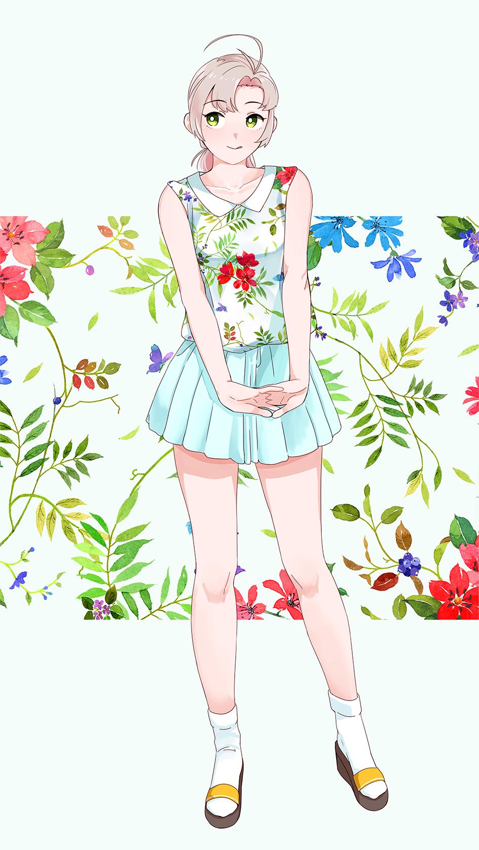 1girl ahoge aqua_skirt bare_legs bare_shoulders blouse character_request eyebrows_visible_through_hair floral_print full_body green_background green_eyes highres light_brown_hair long_hair ojipon original pleated_skirt sandals skirt smile socks solo standing