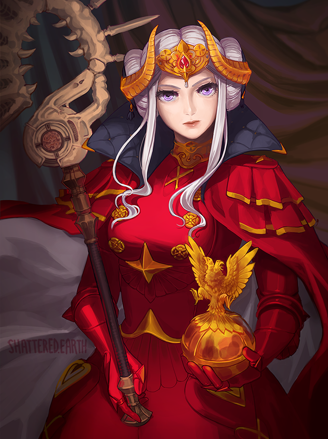 1girl artist_name cape closed_mouth curtains double_bun edelgard_von_hresvelg fire_emblem fire_emblem:_three_houses globus_cruciger gloves headpiece holding holding_staff indoors long_hair looking_at_viewer red_cape red_gloves shattered_earth sidelocks sitting solo staff violet_eyes white_hair