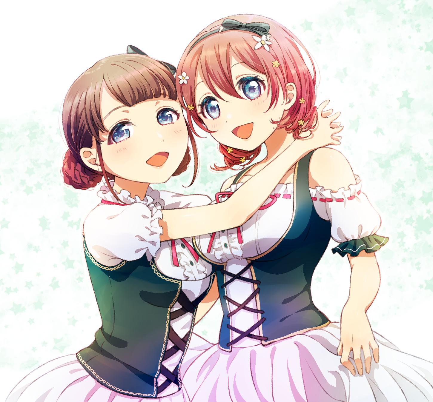 2girls ascii_media_works blue_eyes brown_hair bushiroad cute double_bun dress emma_verde evergreen_(love_live!) heru_(totoben) highres hug love_live! love_live!_school_idol_festival multiple_girls perfect_dream_project sashide_maria seiyuu_connection sunrise_(studio) swiss_clothes