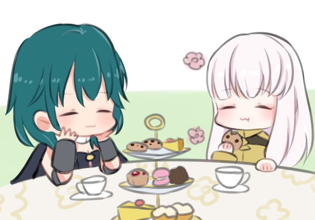 2girls :3 blue_hair byleth_(fire_emblem) byleth_eisner_(female) cake chibi closed_eyes closed_mouth cookie cup cupcake eating fire_emblem fire_emblem:_three_houses food hyakukawa509 long_hair lysithea_von_ordelia medium_hair multiple_girls table teacup upper_body white_hair