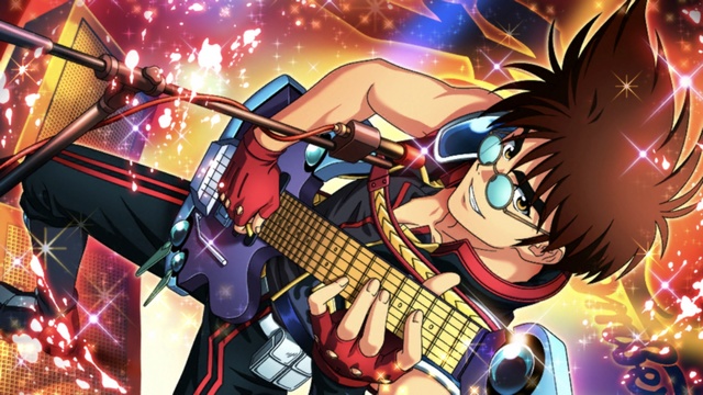 1boy black_hair black_pants black_shirt blue-framed_eyewear brown_eyes fingerless_gloves gloves grin guitar holding holding_instrument instrument macross macross_7 male_focus microphone_stand music nekki_basara novel_illustration official_art pants playing_instrument red_gloves round_eyewear shirt short_sleeves smile solo sparkle stage standing sunglasses