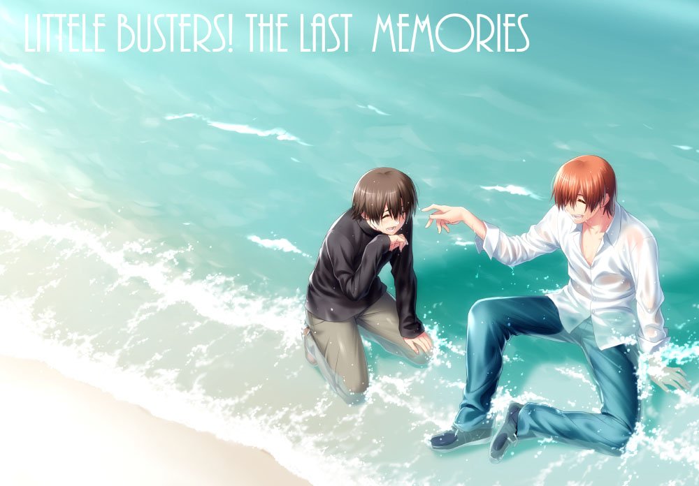 2boys beach black_hair black_sweater blue_pants brown_hair brown_pants closed_eyes commentary_request copyright_name denim dress_shirt full_body jeans kneeling little_busters!! long_sleeves multiple_boys naoe_riki natsume_kyousuke pants shirt sitting sweater typo waves wet wet_clothes white_shirt zen