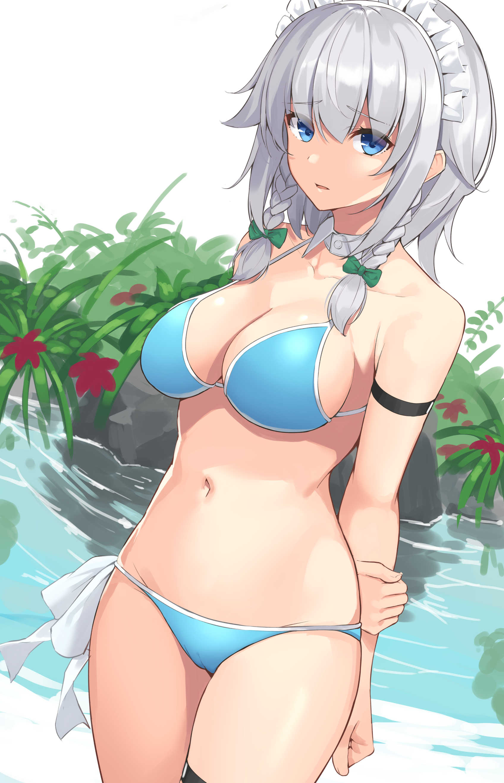 1girl absurdres arm_strap arms_behind_back bangs bare_arms bare_shoulders bikini blue_bikini blue_eyes bow braid breasts bush clenched_hand collarbone commentary_request cowboy_shot detached_collar eyebrows_visible_through_hair flower green_bow groin hair_between_eyes hair_bow highres izayoi_sakuya large_breasts looking_at_viewer maid_headdress navel parted_lips partial_commentary phano_(125042) red_flower ribbon rock short_hair sidelocks silver_hair solo standing stomach swimsuit thigh_strap thighs touhou twin_braids water white_background white_ribbon