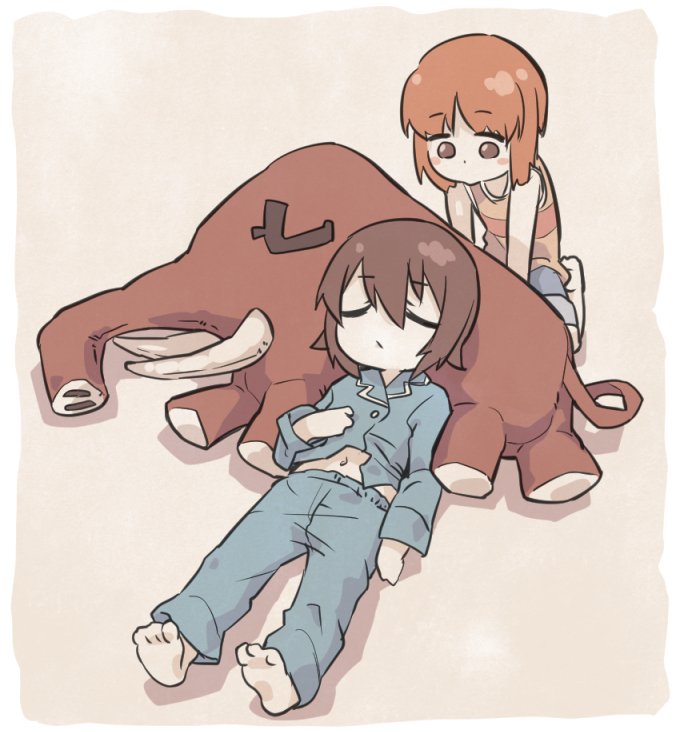 2girls bangs brown_hair closed_eyes girls_und_panzer looking_at_another lying monolith_(suibou_souko) multiple_girls navel nishizumi_maho nishizumi_miho on_back short_hair shorts simple_background sleeping soles stuffed_toy younger