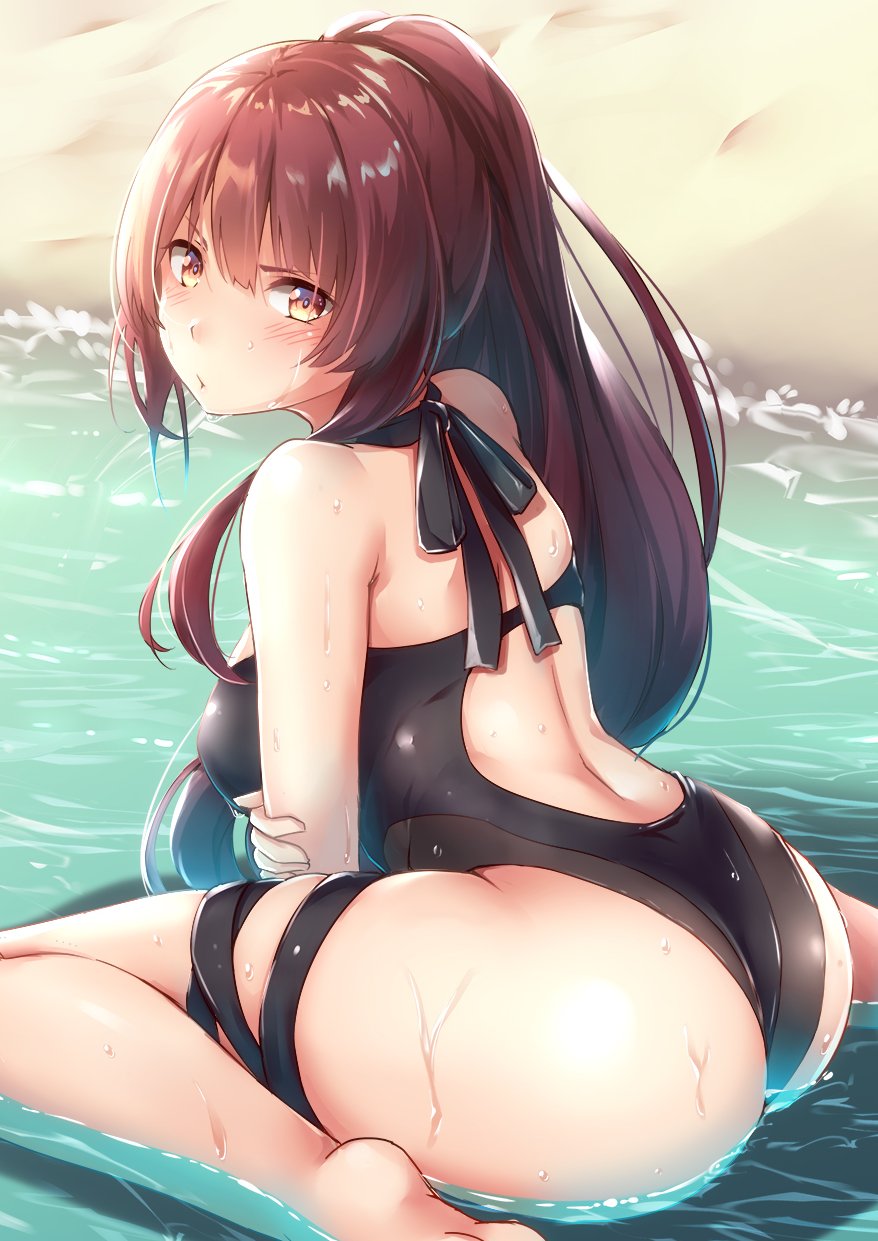1girl alternate_costume ass bangs bare_shoulders barefoot beach bit_(keikou_syrup) black_swimsuit blush breasts day eyebrows_visible_through_hair from_behind girls_frontline highres holding_arm large_breasts leaning_forward long_hair looking_at_viewer looking_back ocean outdoors parted_lips ponytail purple_hair red_eyes sand shiny shiny_clothes sitting skindentation solo swimsuit thigh_strap very_long_hair wa2000_(girls_frontline) wariza wet