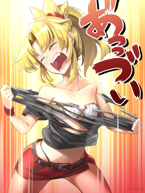1girl ^_^ artist_name bandeau bangs barefoot belt black_belt black_panties black_shirt blonde_hair braid closed_eyes collarbone commentary cowboy_shot crop_top fang fate/apocrypha fate_(series) hair_ornament hair_scrunchie highleg highleg_panties long_hair midriff miniskirt mordred_(fate) mordred_(fate)_(all) multicolored multicolored_background navel orange_background panties pencil_skirt ponytail red_background red_scrunchie red_skirt scrunchie shirt short_sleeves sidelocks skirt solo standing strapless tearing_clothes thighs torn_clothes torn_shirt translated twitter_username tyone underwear yellow_background