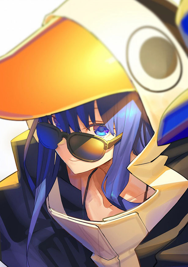 1girl animal_costume bangs black-framed_eyewear blue_eyes blue_hair blurry closed_mouth collarbone commentary_request depth_of_field fate/grand_order fate_(series) from_above hair_between_eyes long_hair looking_at_viewer looking_up meltryllis penguin_costume sidelocks smile solo sunglasses tef