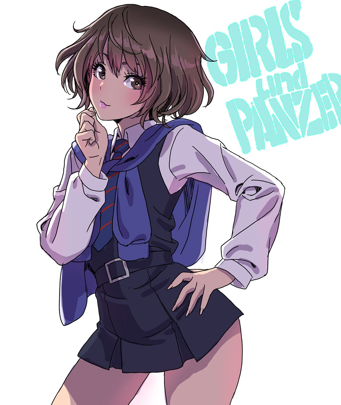 1girl bangs brown_eyes brown_hair character_request closed_mouth commentary_request copyright_name dress fingernails girls_und_panzer hand_on_hip hand_up highres lips long_sleeves looking_at_viewer necktie shiny shiny_hair short_dress short_hair simple_background smile solo striped sweater_around_neck white_background yamashita_shun'ya