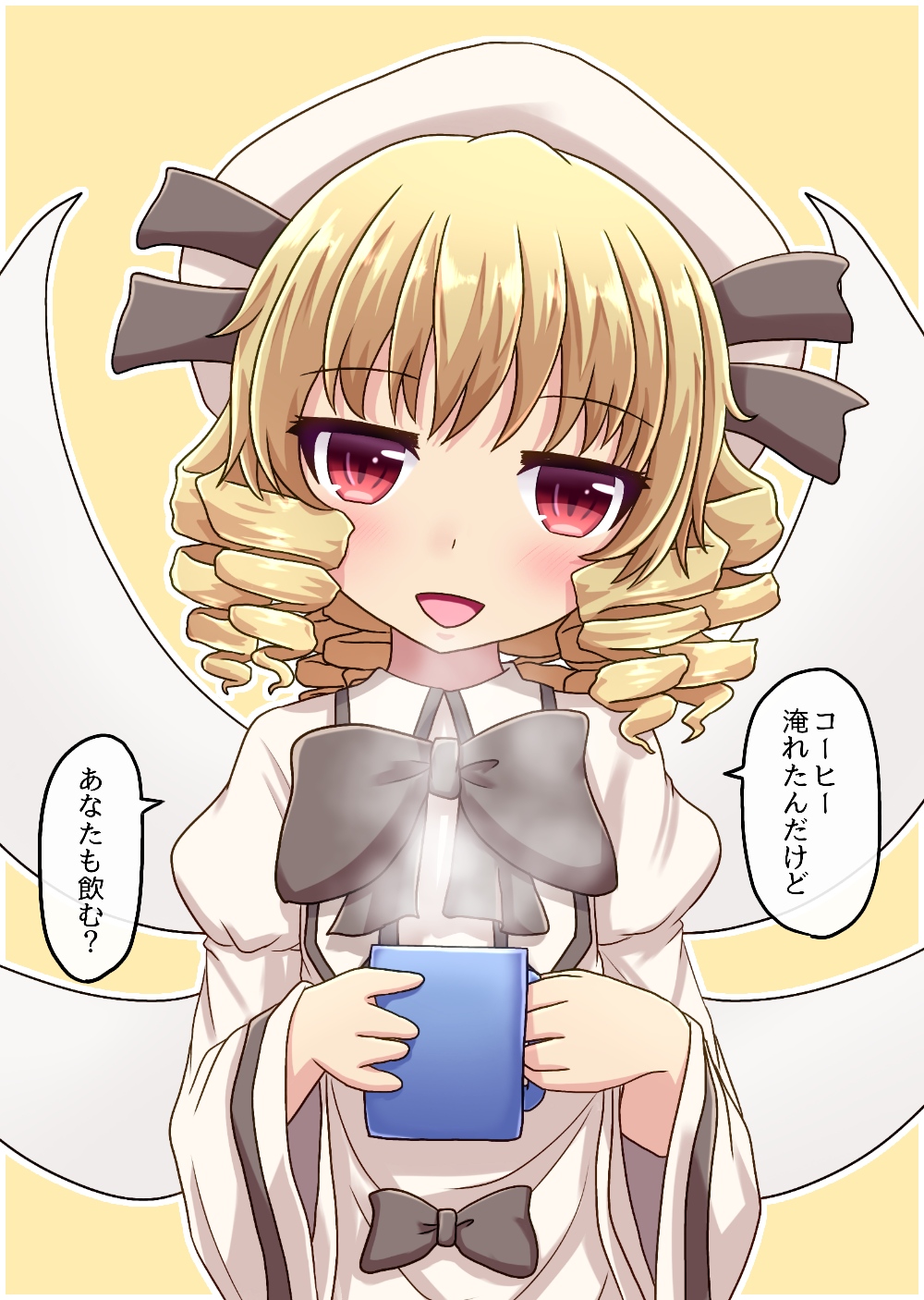 1girl black_bow blouse blush bow commentary_request cup drill_hair eyebrows_visible_through_hair fairy fairy_wings fusu_(a95101221) highres holding holding_cup long_sleeves looking_at_viewer luna_child red_eyes short_hair solo touhou translated white_blouse white_headwear wide_sleeves wings yellow_background yellow_eyes