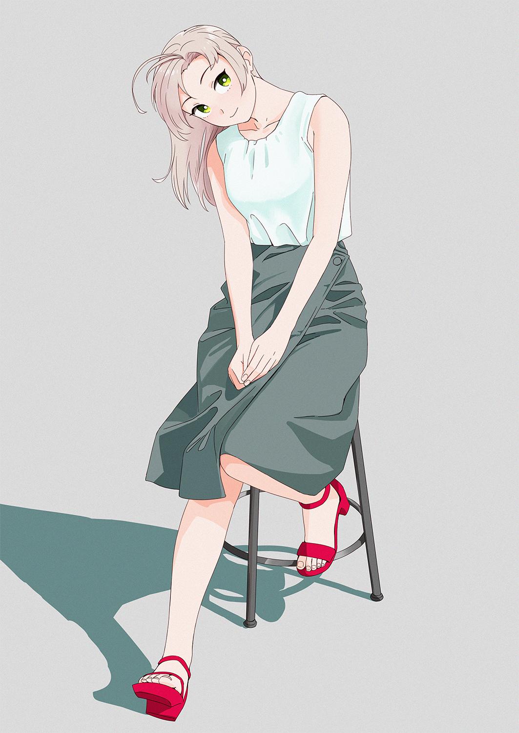 1girl alternate_costume casual full_body green_eyes grey_background grey_hair grey_skirt hair_tie head_tilt highres kantai_collection kinugasa_(kantai_collection) long_skirt looking_at_viewer ojipon open_clothes red_footwear remodel_(kantai_collection) shadow shirt simple_background sitting skirt sleeveless sleeveless_shirt smile solo stool white_shirt