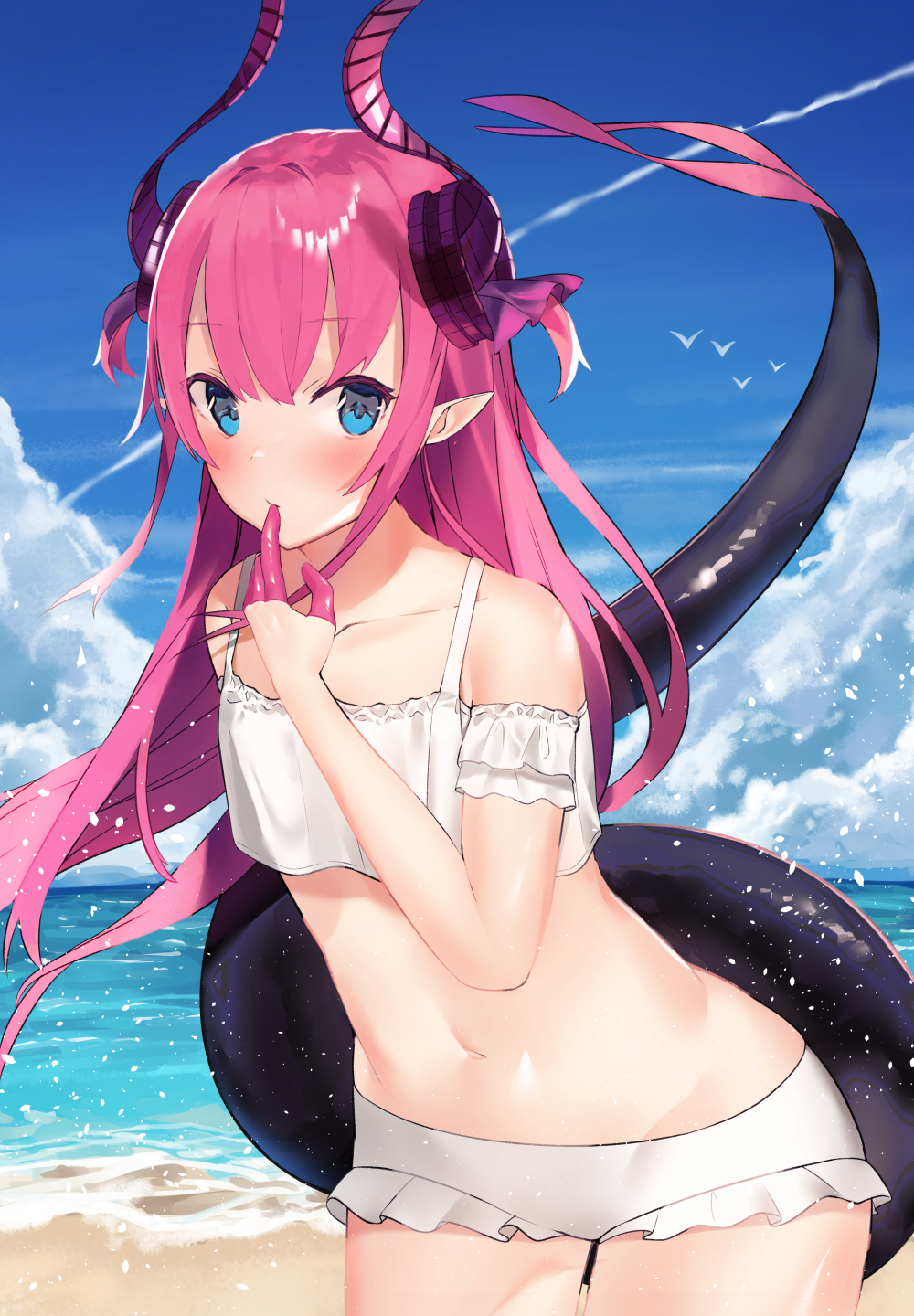 1girl arm_behind_back bangs bare_shoulders bikini blue_eyes blue_sky blush closed_mouth clouds cloudy_sky commentary_request curled_horns day dragon_girl dragon_horns dragon_tail elizabeth_bathory_(fate) elizabeth_bathory_(fate)_(all) eyebrows_visible_through_hair fate/extra fate/extra_ccc fate_(series) finger_to_mouth frilled_bikini frills hair_between_eyes hair_ribbon hand_up highres horizon horns idemitsu leaning_forward long_hair looking_at_viewer ocean outdoors pink_hair pointy_ears purple_ribbon ribbon sky solo swimsuit tail tail_raised two_side_up very_long_hair water white_bikini