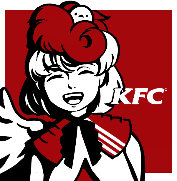 1girl bird black_neckwear chick chick_on_head closed_eyes dress eyebrows_visible_through_hair facing_viewer kfc laughing logo_parody mefomefo niwatari_kutaka nose open_mouth parody red_background redhead short_hair solo tongue touhou two-tone_background upper_body upper_teeth wings