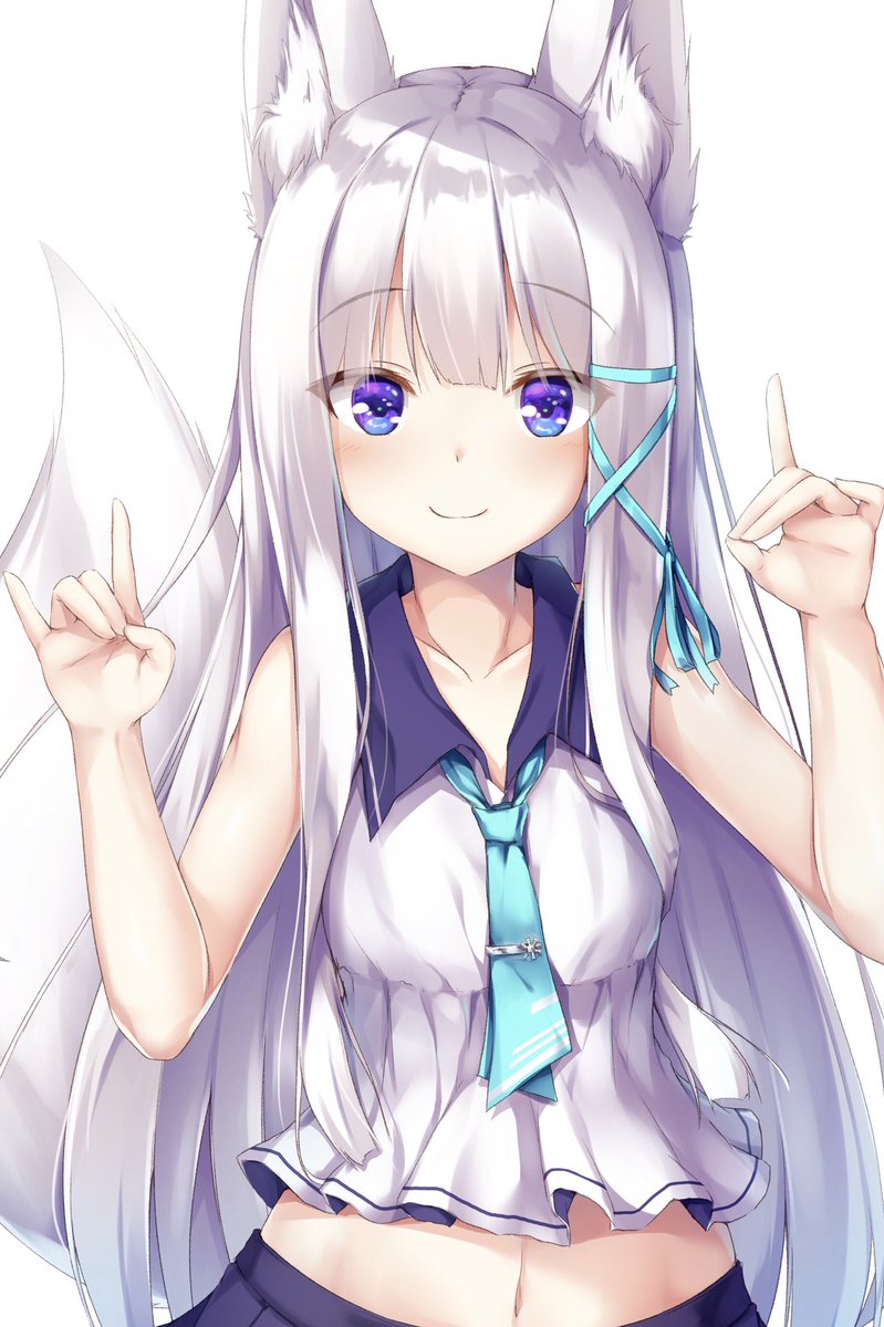 1girl animal_ears bangs blue_neckwear blue_ribbon blue_skirt blunt_bangs blush closed_mouth collarbone eyebrows_visible_through_hair eyes_visible_through_hair fox_ears fox_girl fox_shadow_puppet fox_tail frills hair_between_eyes hair_ribbon hands_up highres long_hair looking_at_viewer muoto navel necktie original pleated_skirt ribbon sailor_collar school_uniform shirt silver_hair simple_background skirt sleeveless smile solo tail very_long_hair violet_eyes white_background white_shirt yuki_kawachi