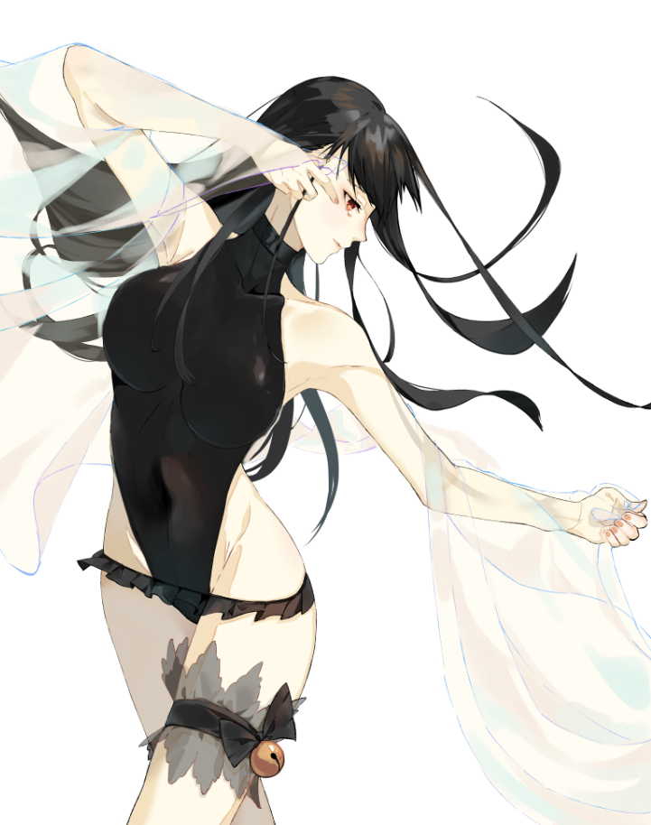 1girl armpits ballet bangs bare_shoulders bell black_hair black_leotard blush bow breasts covered_navel fingernails fusou_(kantai_collection) groin hip_bones kantai_collection large_breasts leotard long_hair nello_(luminous_darkness) profile red_eyes robe see-through simple_background solo thigh_strap white_background