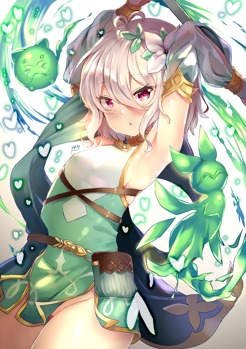 1girl :o antenna_hair armpits arms_up bangs bare_shoulders blush breasts commentary_request detached_sleeves dress eyebrows_visible_through_hair flower green_dress groin hair_between_eyes hair_flower hair_ornament heart highres holding kokkoro_(princess_connect!) long_sleeves looking_at_viewer parted_lips pointy_ears princess_connect! princess_connect!_re:dive puffy_long_sleeves puffy_sleeves red_eyes see-through see-through_sleeves silver_hair sleeveless sleeveless_dress small_breasts solo white_flower xephonia