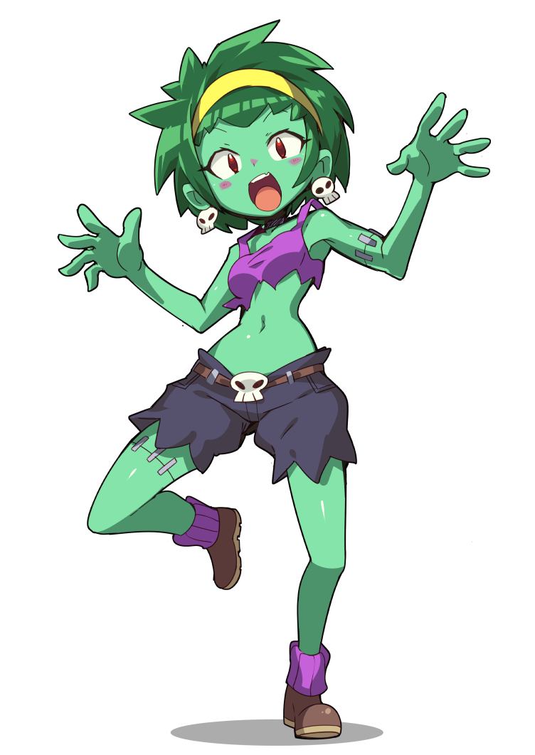 1girl blue_shorts blush brown_footwear earrings full_body green_hair green_skin hairband jewelry looking_at_viewer midriff navel nibansu open_mouth red_eyes rottytops shantae_(series) shoes short_hair shorts skull_earrings solo standing standing_on_one_leg teeth upper_teeth yellow_hairband