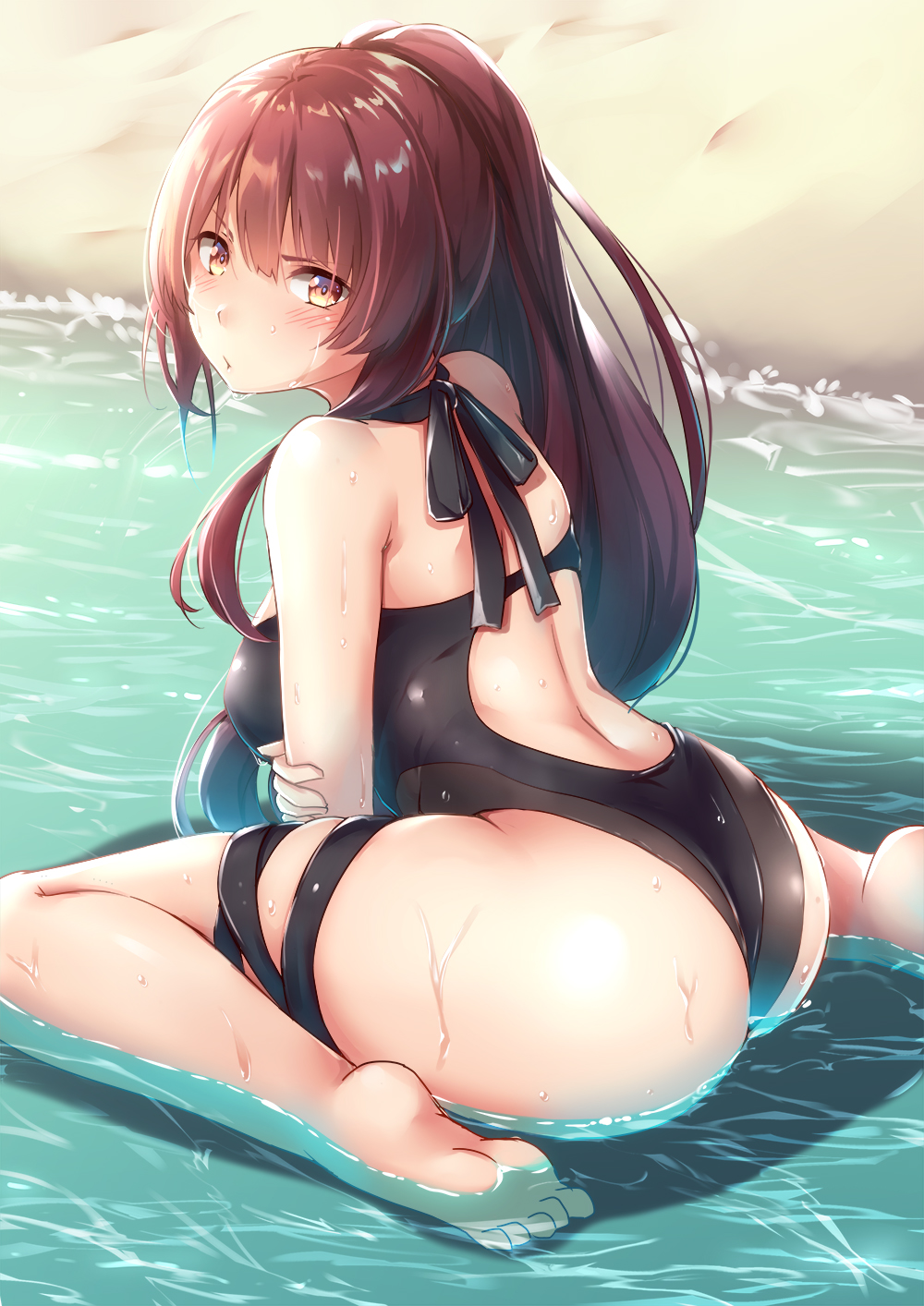 1girl alternate_costume ass bangs bare_shoulders barefoot beach bit_(keikou_syrup) black_swimsuit blush breasts casual_one-piece_swimsuit day eyebrows_visible_through_hair from_behind girls_frontline highres holding_arm large_breasts leaning_forward long_hair looking_at_viewer looking_back ocean one-piece_swimsuit outdoors parted_lips ponytail purple_hair red_eyes sand shiny shiny_clothes sitting skindentation solo swimsuit thigh_strap very_long_hair wa2000_(girls_frontline) wariza wet