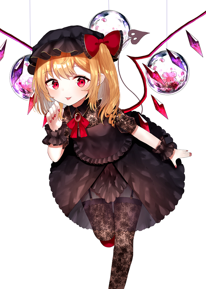 1girl :p alternate_costume bangs black_blouse black_headwear black_legwear blonde_hair blouse brooch collared_blouse commentary_request curled_fingers eyebrows_visible_through_hair eyelashes flandre_scarlet floral_print flower foot_out_of_frame frilled_cuffs frilled_skirt frills garter_straps gem hair_ribbon hand_up hat jewelry lace lace_legwear layered_skirt leaning_forward leg_up looking_at_viewer medium_skirt mob_cap neck_ribbon open_hand orb red_eyes red_footwear red_nails red_neckwear red_ribbon ribbon sakipsakip see-through_sleeves short_sleeves side_ponytail sidelocks skirt solo standing standing_on_one_leg string thigh-highs tongue tongue_out touhou white_background wings wrist_cuffs zettai_ryouiki