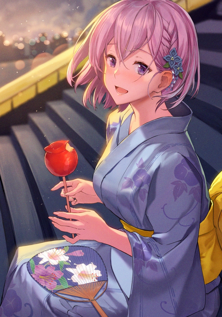 1girl candy_apple commentary_request fan fate/grand_order fate_(series) floral_print flower food hair_between_eyes hair_flower hair_ornament haru_(hiyori-kohal) japanese_clothes kimono light_blush mash_kyrielight obi open_mouth paper_fan purple_hair purple_kimono sash short_hair sitting solo stairs uchiwa violet_eyes wide_sleeves yellow_sash