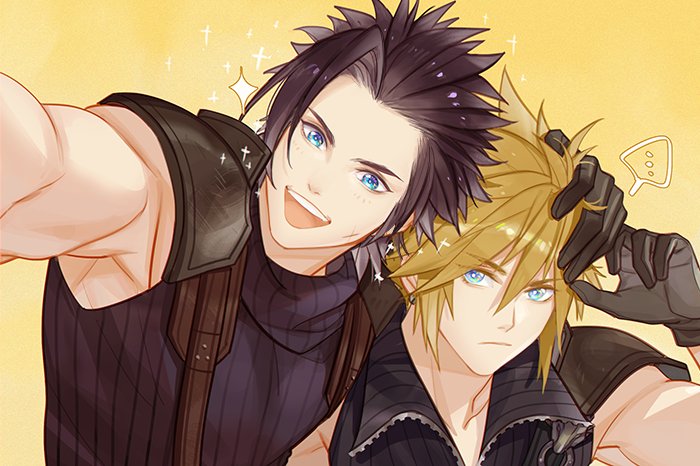 ... 2boys armor black_gloves blonde_hair blue_eyes closed_mouth cloud_strife earrings eyebrows_visible_through_hair facial_scar final_fantasy ginmumumu gloves jewelry male_focus multiple_boys open_mouth pauldrons scar scratches simple_background smile sparkle yellow_background zack_fair zipper zipper_pull_tab