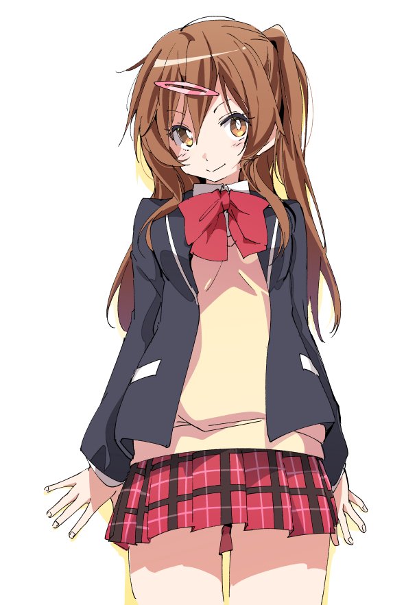 bow bowtie brown_eyes brown_hair chuunibyou_demo_koi_ga_shitai! ixy long_hair nibutani_shinka red_neckwear red_skirt school_uniform simple_background skirt white_background