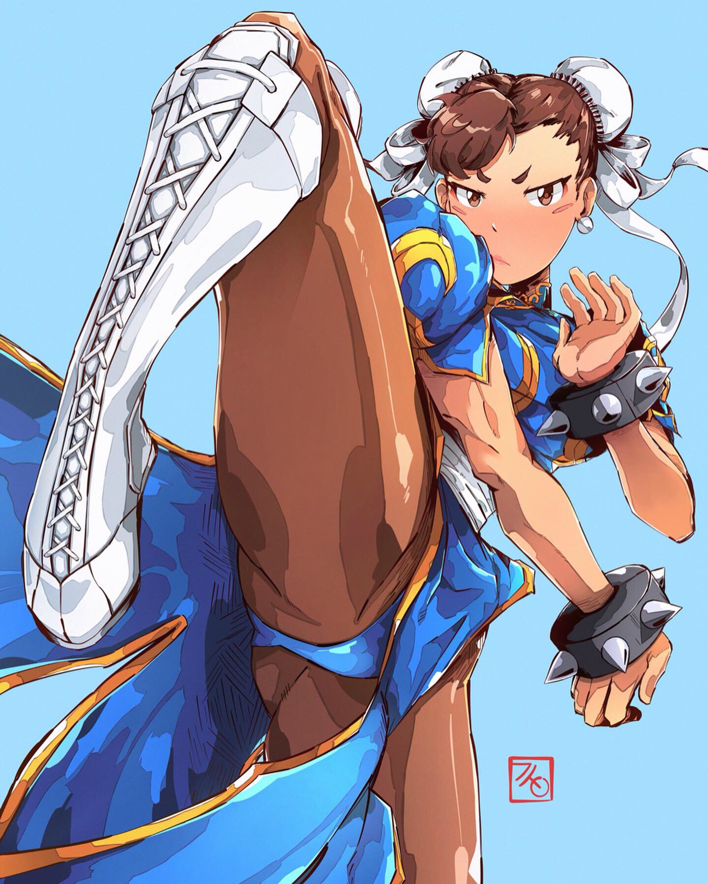 1girl blue_background blue_dress blush_stickers bracelet brown_eyes brown_hair brown_legwear bun_cover china_dress chinese_clothes chun-li commentary cross-laced_footwear double_bun dress earrings english_commentary fighting_stance highres jewelry law_kim looking_at_viewer pantyhose pelvic_curtain plantar_flexion puffy_short_sleeves puffy_sleeves sash short_eyebrows short_sleeves signature solo spiked_bracelet spikes standing standing_on_one_leg street_fighter thick_thighs thighs upskirt white_footwear
