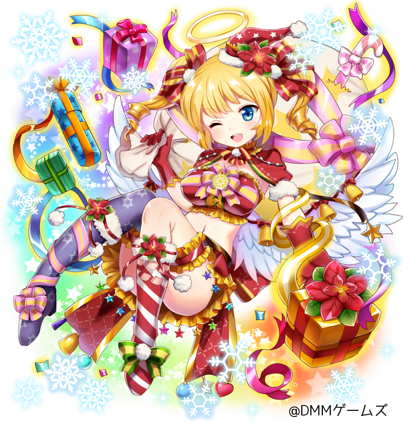 1girl angel angel_wings bell blonde_hair blue_eyes breasts christmas copyright_request gift gloves halo hat heart large_breasts meisuke_mei midriff navel official_art one_eye_closed red_gloves sack santa_costume santa_hat short_hair smile snowflakes solo star twintails wings