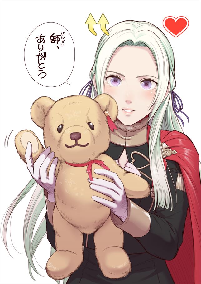 1girl cape cravat cute edelgard_von_hresvelg edelgard_von_hresvelgr_(fire_emblem) edogawa_roman fire_emblem fire_emblem:_three_houses fire_emblem:_three_houses gameplay_mechanics gloves grin hair_ornament hair_ribbon heart holding_toy intelligent_systems koei_tecmo long_hair long_sleeves looking_at_viewer nintendo red_cape ribbon silver_hair simple_background smile solo stuffed_animal stuffed_toy super_smash_bros. teddy_bear translated uniform upper_body violet_eyes white_background white_gloves