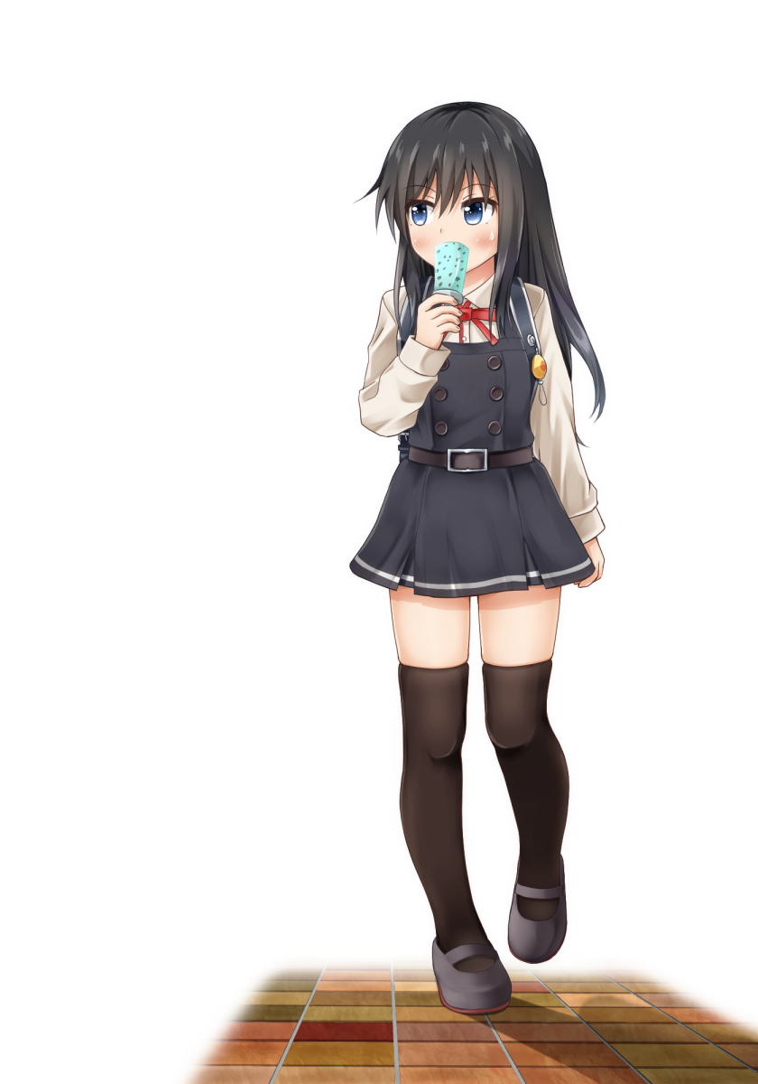 1girl asashio_(kantai_collection) black_hair black_legwear blue_eyes comiching commentary_request crime_prevention_buzzer dress food full_body grey_footwear highres ice_cream kantai_collection long_hair long_sleeves looking_to_the_side mary_janes neck_ribbon pinafore_dress red_neckwear red_ribbon remodel_(kantai_collection) ribbon school_uniform shirt shoes simple_background solo thigh-highs tile_floor tiles white_background white_shirt