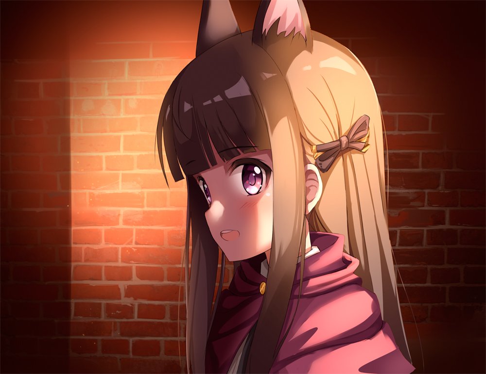 1girl ame. animal_ear_fluff animal_ears bangs black_bow blunt_bangs blush bow brick_wall brown_hair capelet commentary_request eyebrows_visible_through_hair hair_bow kasumi_(shironeko_project) long_hair looking_away open_mouth princess_connect! princess_connect!_re:dive red_capelet sidelocks solo upper_body upper_teeth violet_eyes