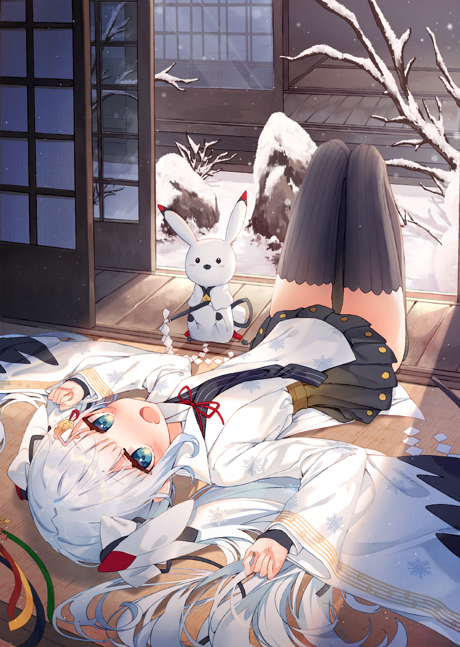 1girl :d animal bangs bare_tree black_legwear blue_eyes fang gohei hair_ornament hair_spread_out hakama_skirt hands_up hatsune_miku highres knees_up long_hair long_sleeves looking_at_viewer lying momingie nontraditional_miko on_back on_floor open_mouth rabbit smile snow snowing solo tatami thigh-highs tree twintails upside-down vocaloid white_hair wide_sleeves winter yuki_miku yuki_miku_(2018) yukine_(vocaloid) zettai_ryouiki